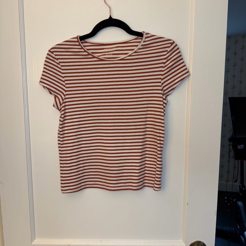 American Eagle Outfitters Brown White Striped Ribbed Knit T-Shirt Women’s L